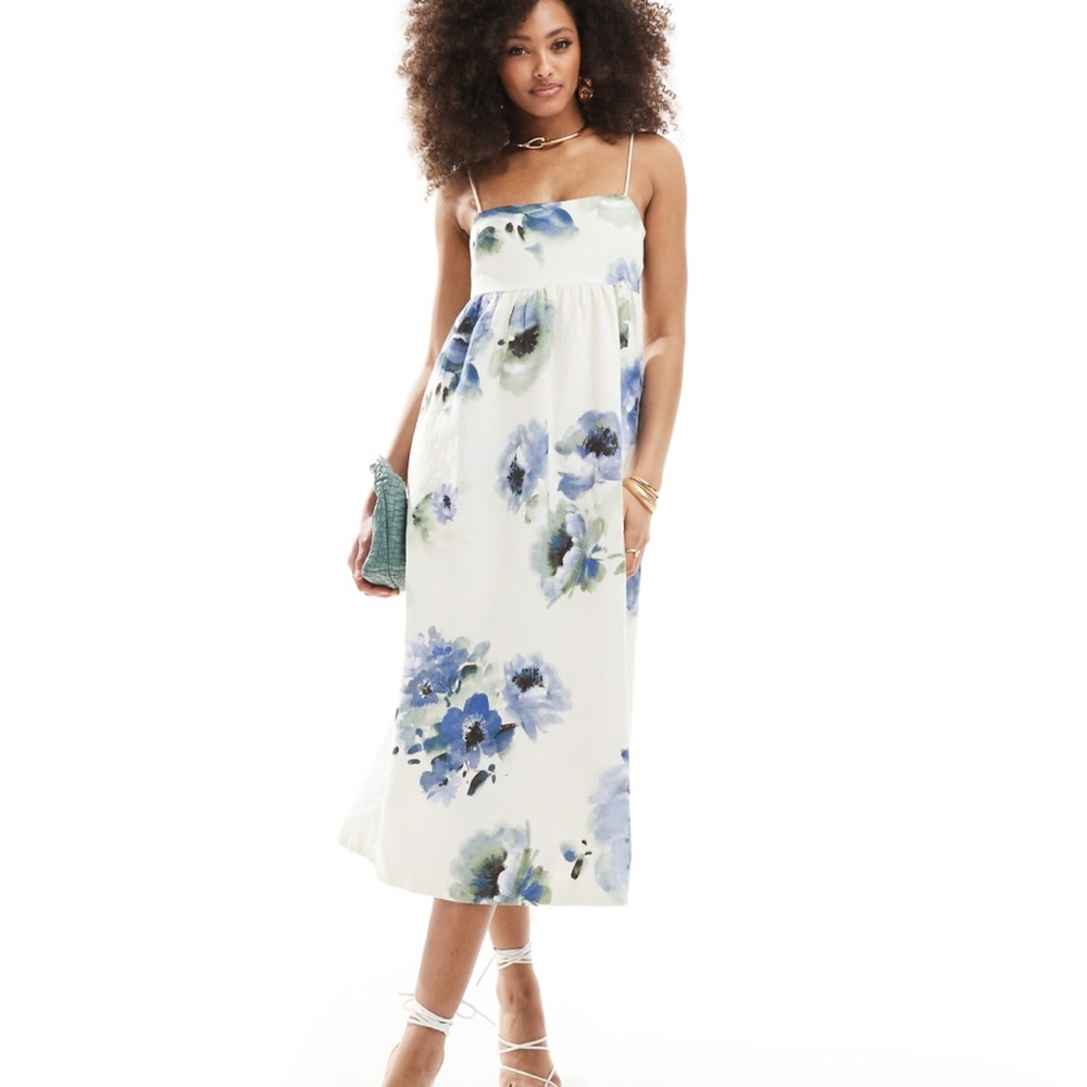 & Other Stories Midi Dress w/ spaghetti ties, open back in jacquard floral print